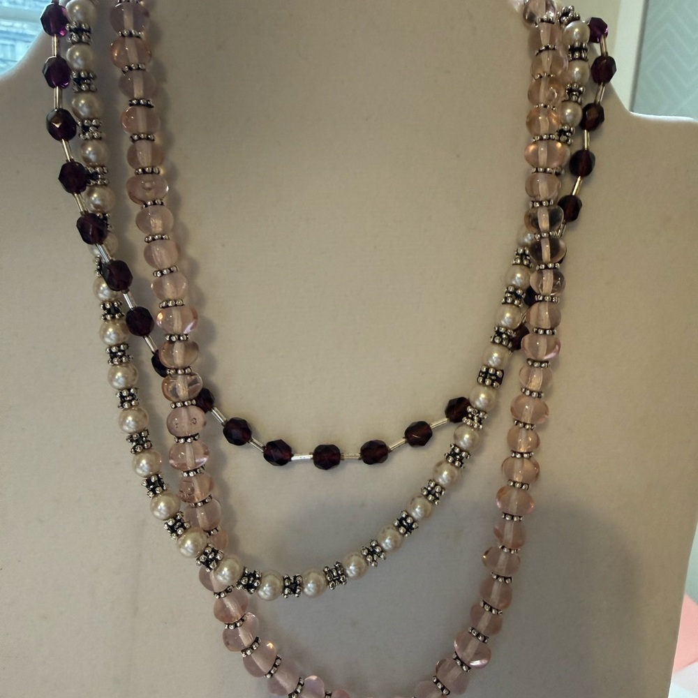 Cookie Lee Multi Strand Beaded Necklace Purple Pink Faux Pearl Silver Tone Heart